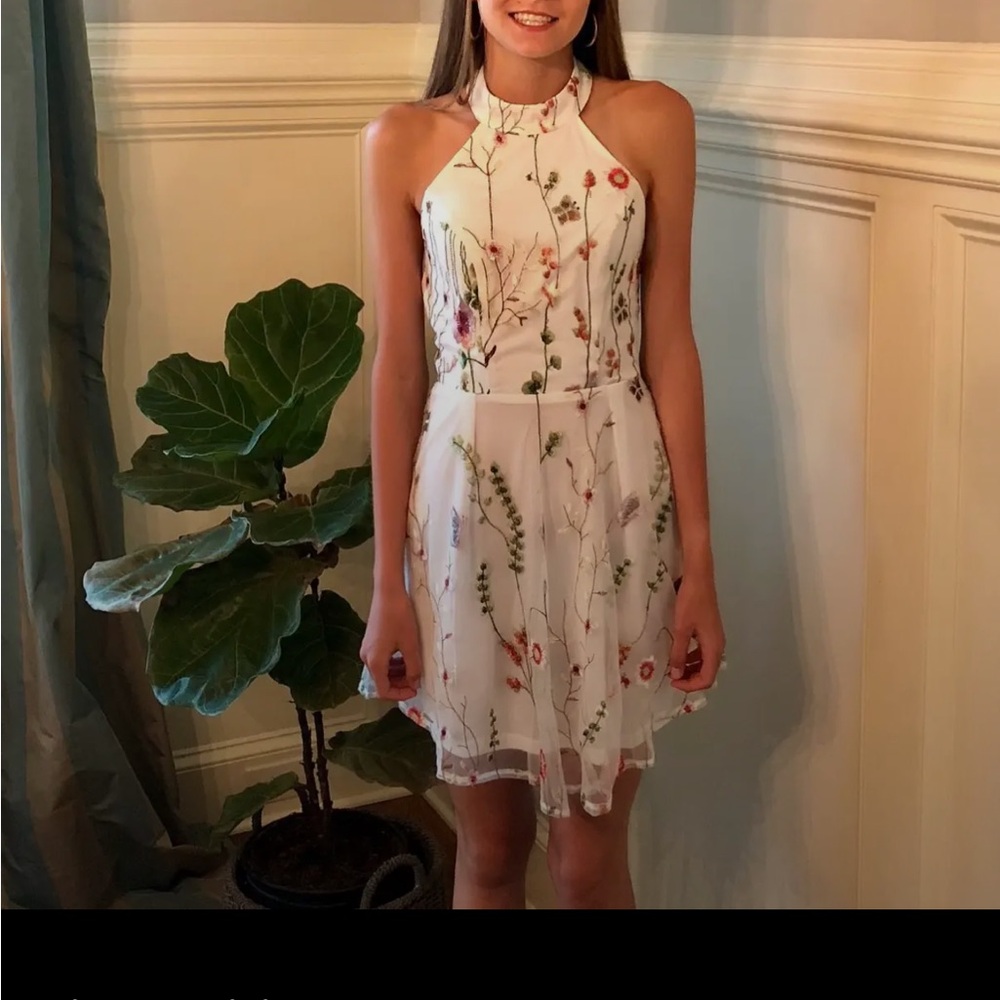 Embroidered Floral Halter Mini Dress